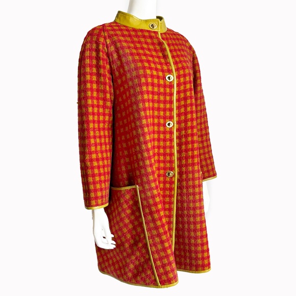 Bonnie Cashin for Sills Coat Large Pocket Pink Check Wool Lime Leather Trim 60s - Picture 7 of 14